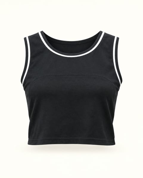 Piped sleeveless crop top in black / white, front view