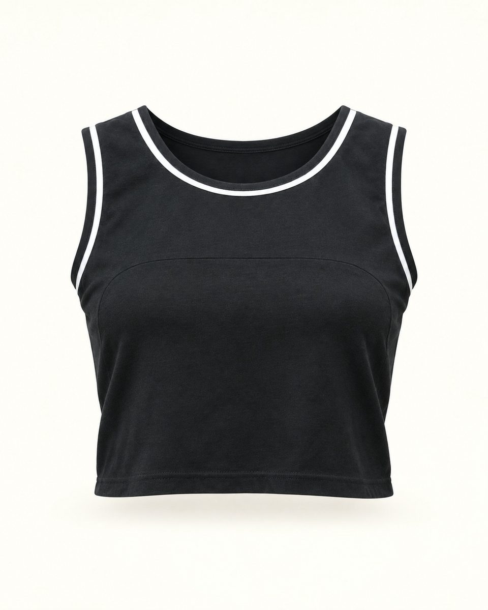 Piped sleeveless crop top in black / white, front view