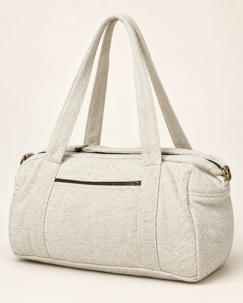 Hemp duffel bag in natural, front view
