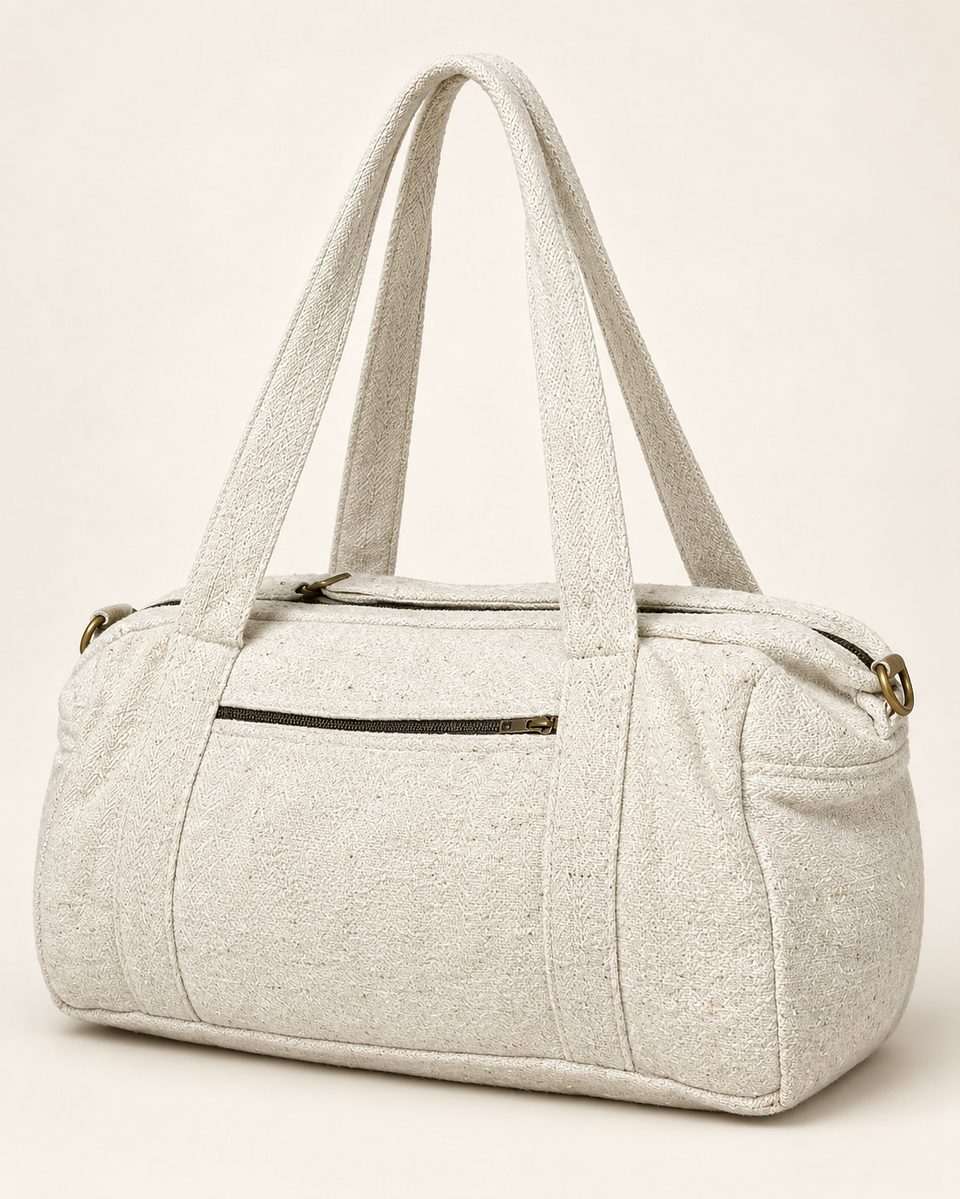 Hemp duffel bag in natural, front view