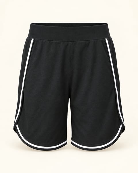 Piped athletic shorts in black / white, front view