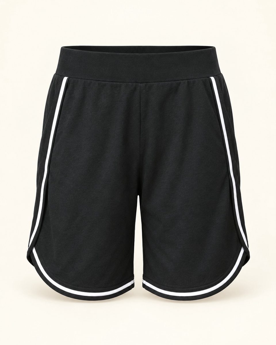 Piped athletic shorts in black / white, front view