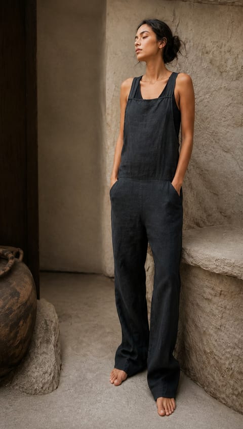 Woman wearing a charcoal hemp overall